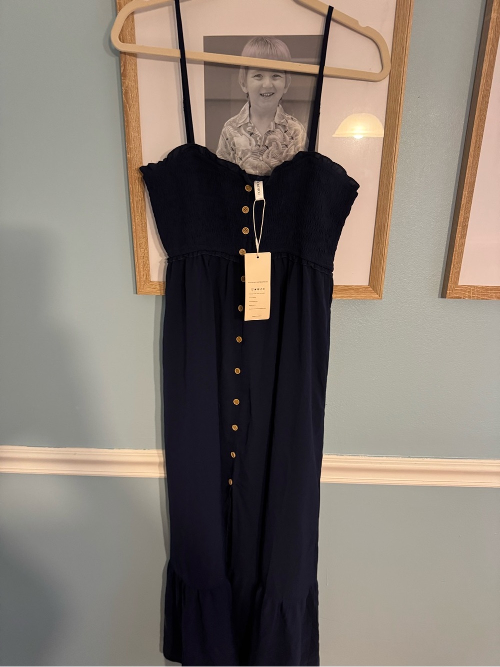 Women’s Navy Button-Front Maxi Dress with Smocked Bodice